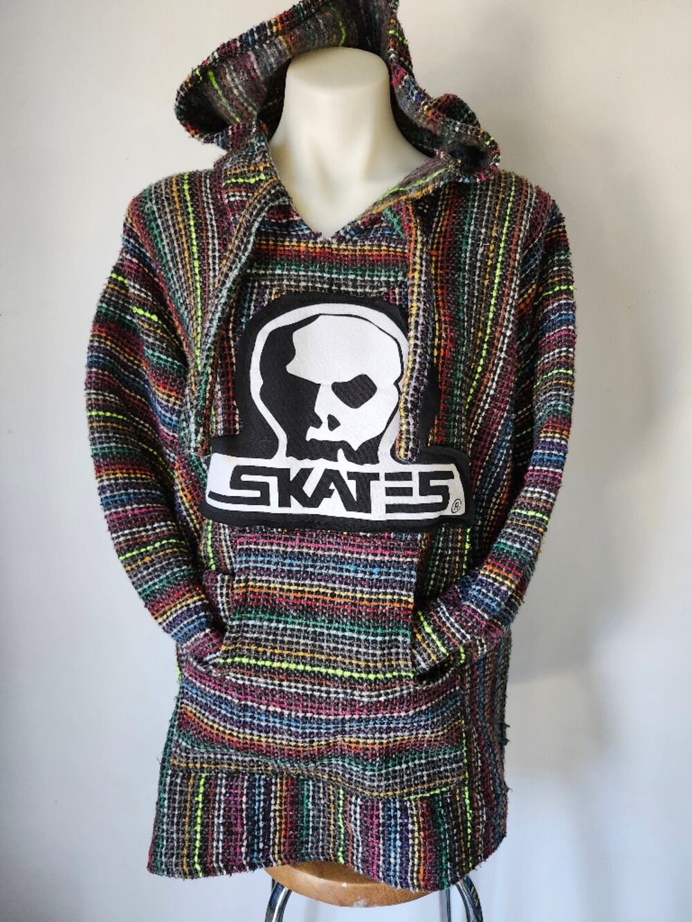 Mexican Poncho Pullover w Kangaroo Pocket + Upcycled Skull Skates Hoodie Patch